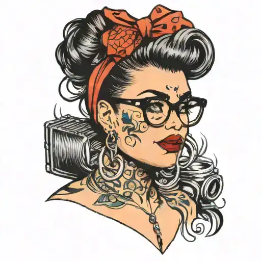 Plus size retro rockabilly girl with tattoos and Kat eyed glasses with a messy bun and a red bandanna in her hair posing tattoo design idea