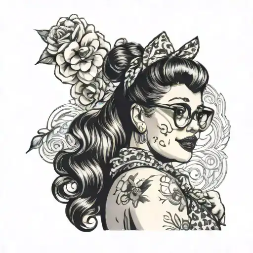 Plus sized pinup posing and traditional pinup pose with messy bun and bandanna in hair with tattoos and glasses  tattoo design idea
