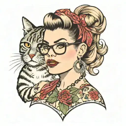 Plus sized pinup posing and traditional pinup pose with messy bun and bandanna in hair with tattoos and cat eye glasses  tattoo design idea