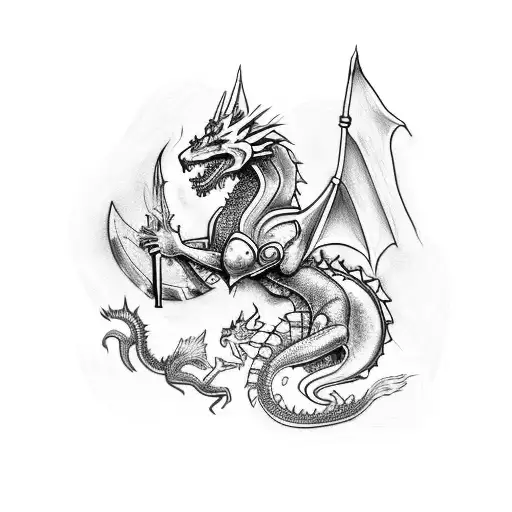 A tattoo depicting a dog as a knight riding a dragon, representing your love for both dogs and medieval themes tattoo design idea