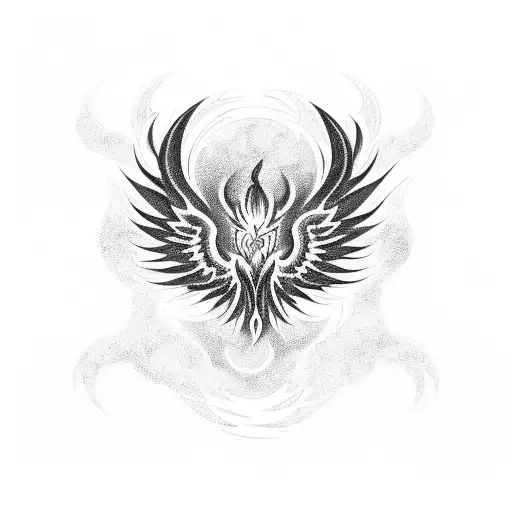 A blackwork tattoo of a phoenix rising from a tribal-inspired fire, symbolizing transformation and rebirth tattoo design idea