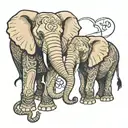 two elephants. one bigger one smaller.  holding up their trunks to make a heart tattoo design idea