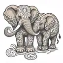 two elephants. one bigger one smaller.  holding up their trunks to make a heart tattoo design idea