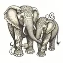 two elephants. one bigger one smaller.  holding up their trunks to make a heart tattoo design idea