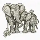 two elephants. one bigger one smaller.  holding up their trunks to make a heart tattoo design idea