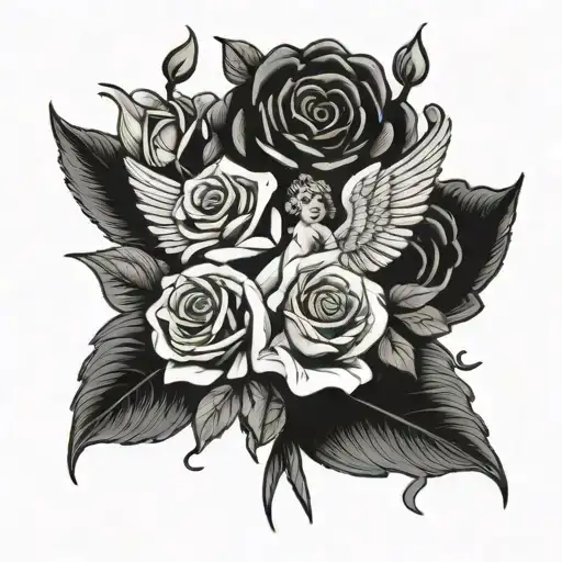 rose with 2 cherub angel tattoo design idea