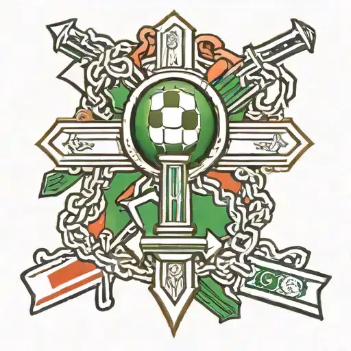  football, cross rosary, nigerian flag intertwined tattoo design idea