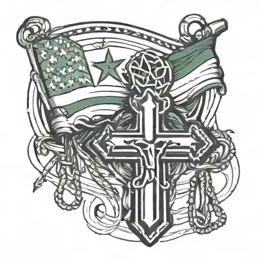 american football, cross rosary, nigerian flag waving tattoo design idea