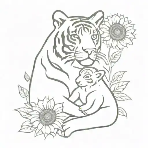 A motherly figure with a tiger cub and sunflowers, symbolizing maternal strength and beauty tattoo design idea
