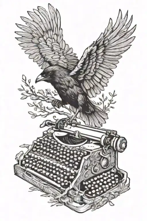 a beautiful vintage typewriter. branches of a tree starts from the uper side of the typewriter. a Raven flying from it.  tattoo design idea