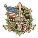 American flag, Celtic cross, chevy emblem, liberty bell, shamrock, Indian head dress, compass, nra logo tattoo design idea