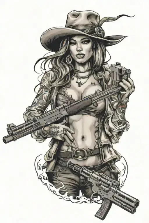 gangster girl cowboy hat Miami gun tattoo design idea