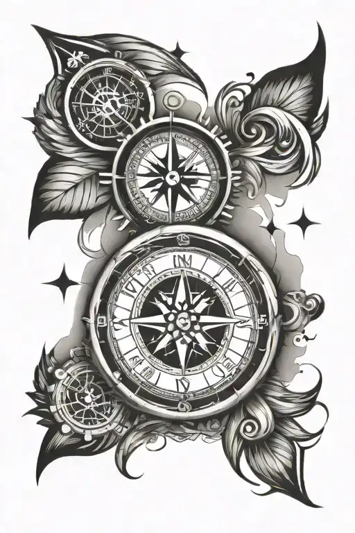 compass, clock, tribal tattoo design idea
