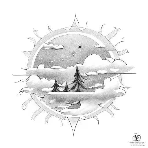 music Sheet, Clouds, Sun, trees, leaves tattoo design idea
