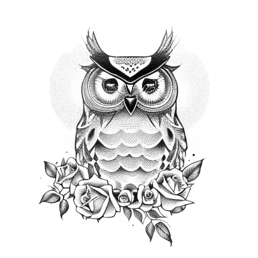 owl with roses and blue eyes tattoo design idea
