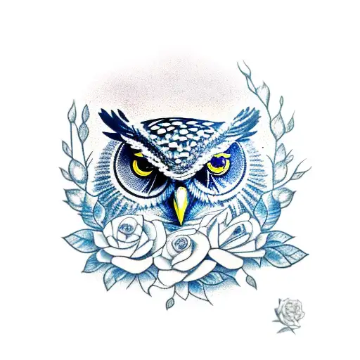 owl with roses and blue eyes tattoo design idea