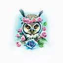 owl with roses and blue eyes tattoo design idea