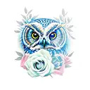 owl with roses and blue eyes tattoo design idea
