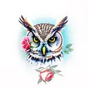 owl with roses and blue eyes tattoo design idea