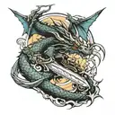 A dragon that is around a sword tattoo design idea
