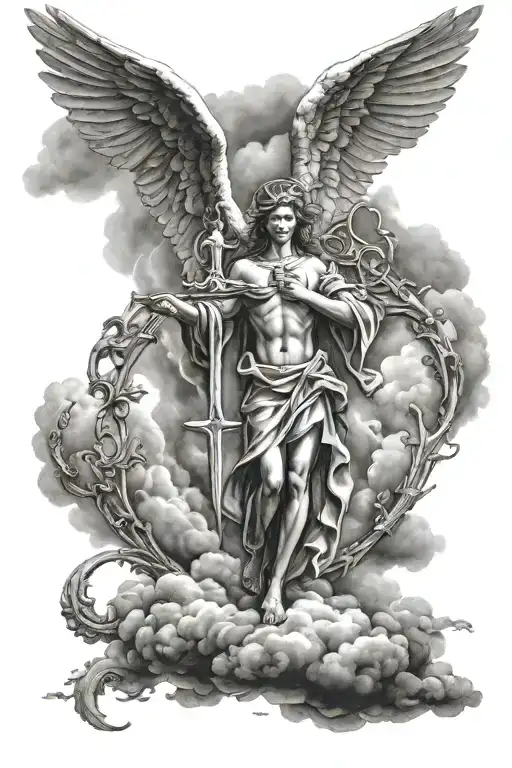 "Protected By God's Divine Energy" with a cross on top, an angel or angels, and clouds tattoo design idea