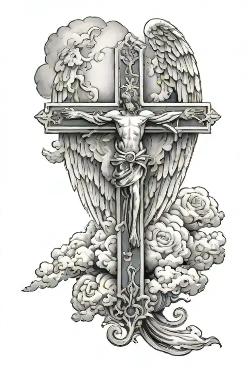 "Protected By God's Divine Energy" with a cross on top, angels, and clouds tattoo design idea