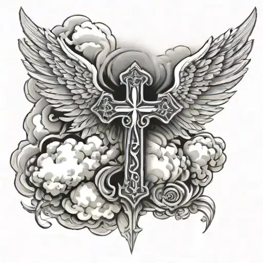 "Protected By God's Divine Energy" with a cross on top and angels and clouds tattoo design idea