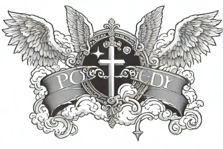 "Protected By God's Divine Energy" with a cross on top and angels and clouds tattoo design idea