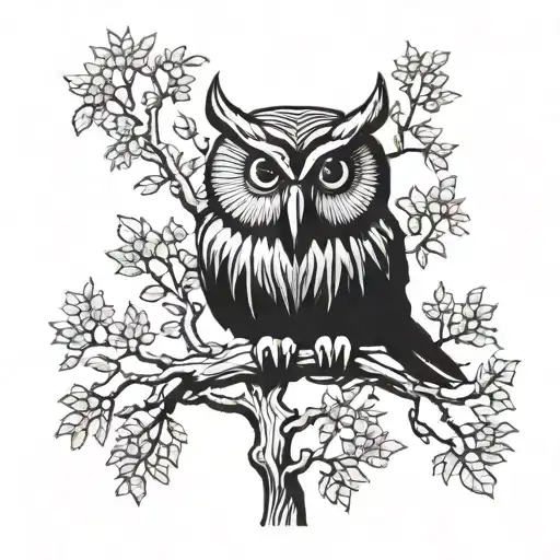 owl perched on top of tree with pigs below in grass tattoo design idea