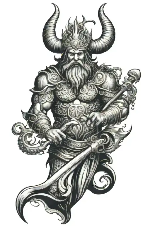 A realistic tattoo design of a fierce sea god, with a horned helmet and a flowing beard, holding a trident tattoo design idea