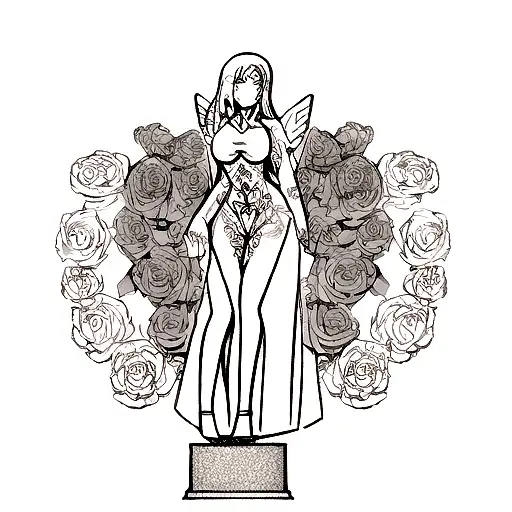 A blackwork tattoo of a sculptural angel surrounded by a field of roses tattoo design idea