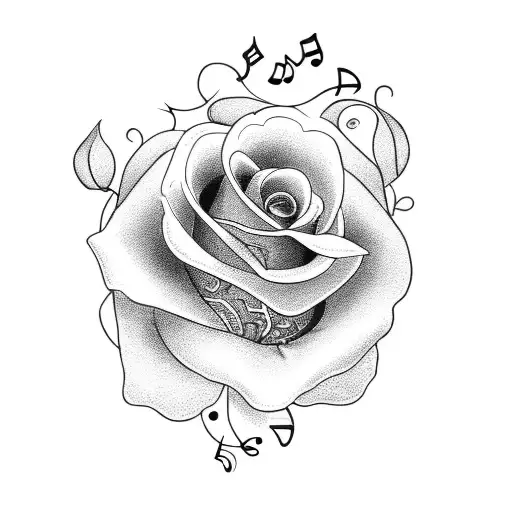 A blackwork tattoo featuring a rose intertwined with musical notes tattoo design idea