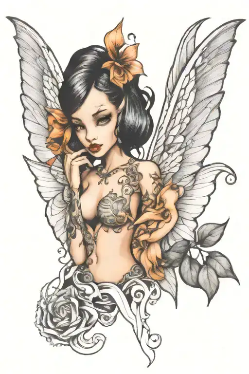 sexy fairies with symmetrical dragons forming tattoo design idea