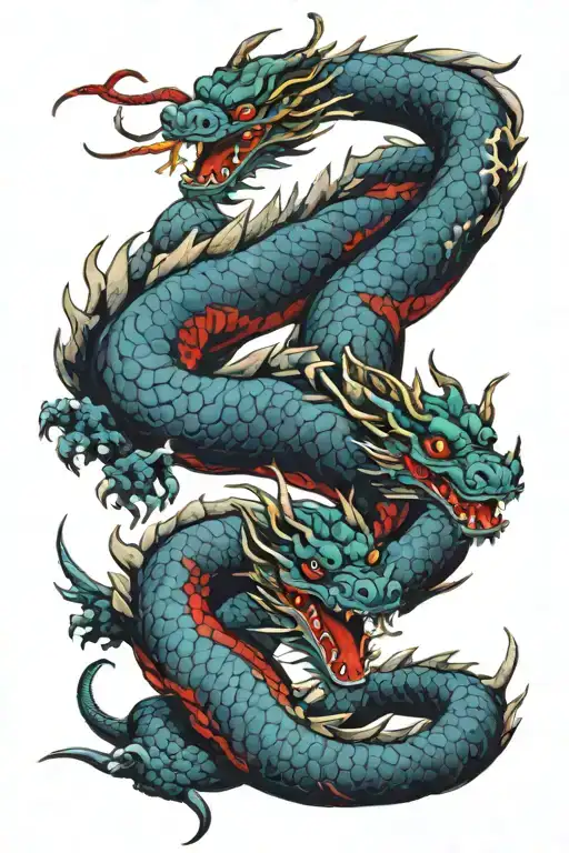 Blue and Red eyed dragon flying  tattoo design idea