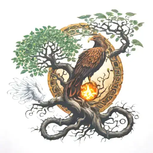 tree of life and phoenix emerging tattoo design idea