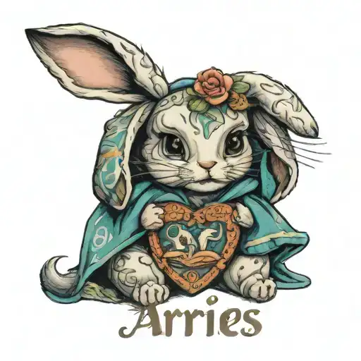 bunny, baby doll, blankie with Aries, leo and Virgo sign tattoo design idea