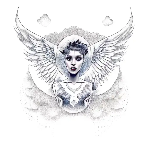 A femme with angel wings and a wolf in dotwork style tattoo design idea
