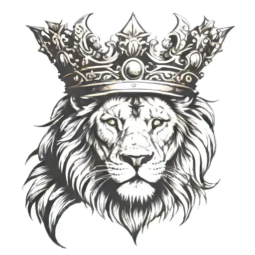 lion wearing a crown looking up to a blurry faced queen and king   tattoo design idea