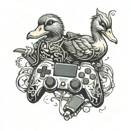 two ducks with weapons and two joystick of Ps5 controller tattoo design idea