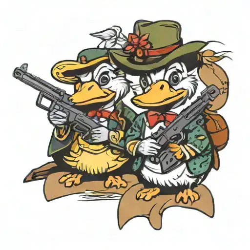 two ule ducks, with two crossed rifles and ps5 joysticks tattoo design idea