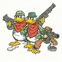 two animated ducks, with two m4 rifles and two ps5 controllers tattoo design idea