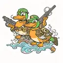 two animated ducks, with two m4 rifles and two ps5 controllers tattoo design idea
