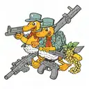 two animated ducks, with two m4 rifles and two ps5 controllers tattoo design idea