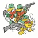 two animated ducks, with two m4 rifles and two ps5 controllers tattoo design idea