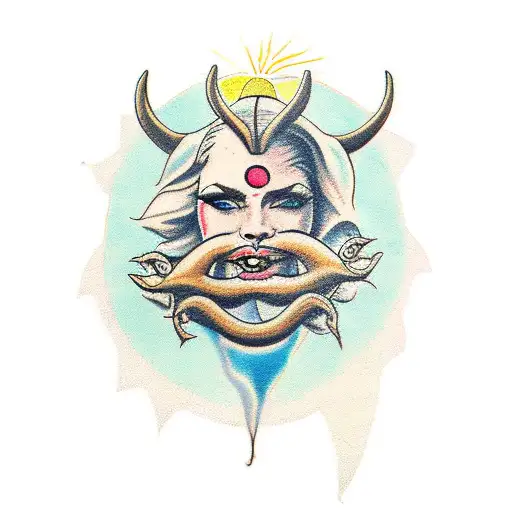 woman with ram horns and 3 eyes holding the sun tattoo design idea