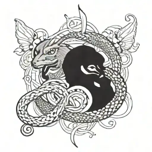 A tattoo design of the Gemini twins intertwined with snakes, symbolizing duality and transformation tattoo design idea