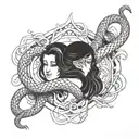 A tattoo design of the Gemini twins intertwined with snakes, symbolizing duality and transformation tattoo design idea
