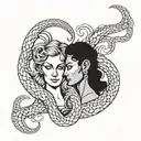 A tattoo design of the Gemini twins intertwined with snakes, symbolizing duality and transformation tattoo design idea