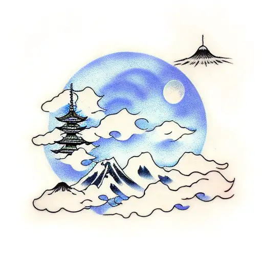 japanese style clouds evoloping moon tattoo design idea