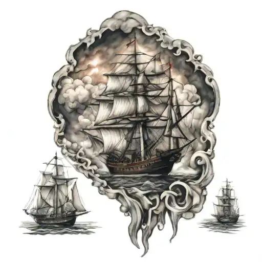 ships at port burning tattoo design idea